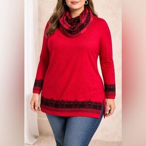 Studio Works Red Knit Tunic Sweater w Scarf Black Pattern XL Cozy Side Slit